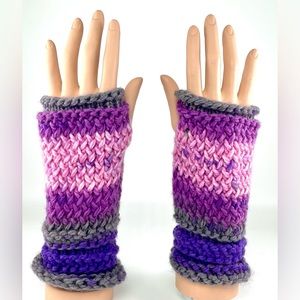 Hand Knitted Pink Purple Violet Gray Women’s Fingerless Mittens Gloves